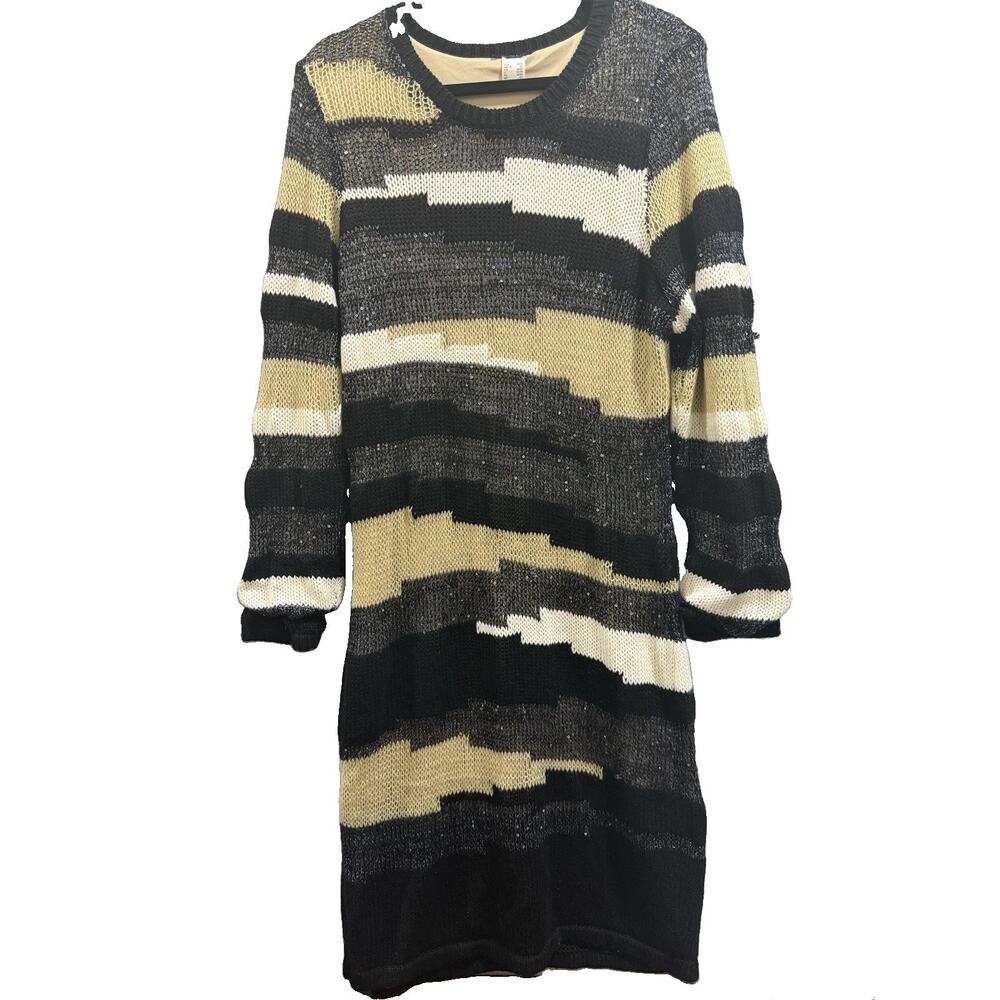 VENUS XL Sweater Dress Black Gold Ivory Sequin Open Knit Long Sleeve Midi - Picture 2 of 7
